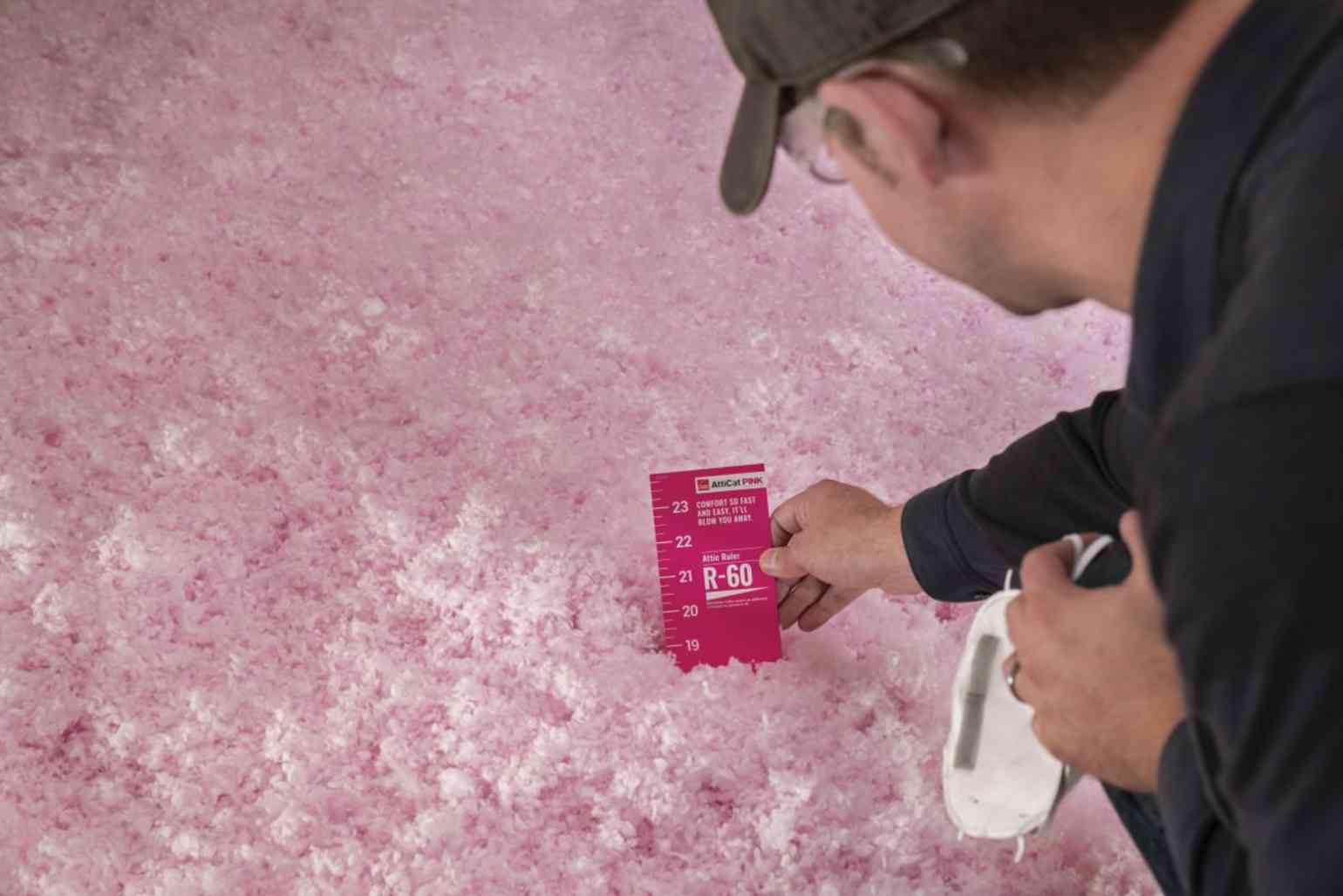 Technician measuring R-60 insulation depth with Owens Corning attic ruler